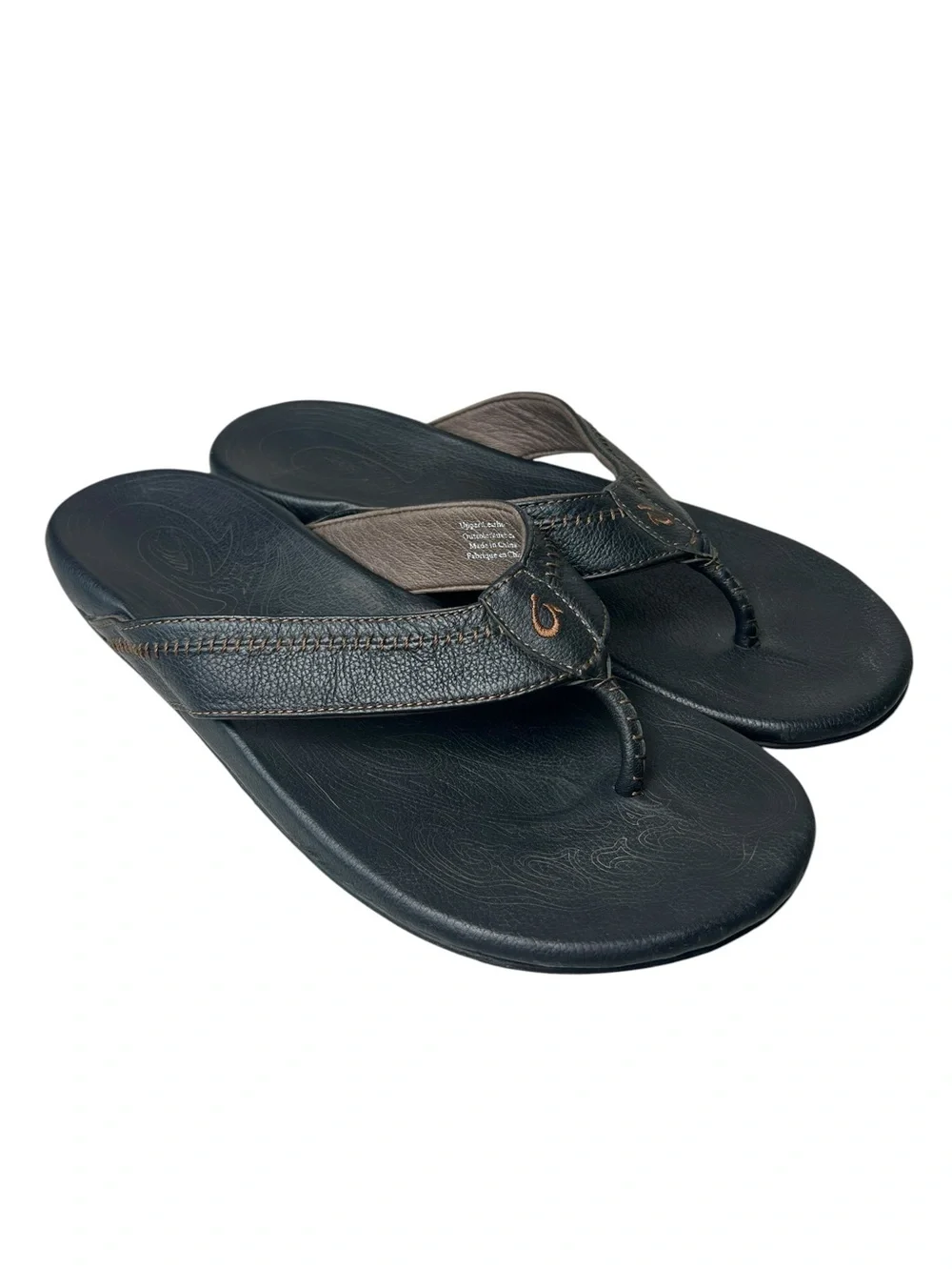 Olukai Hiapo Black/Brown Men’s Size 14 Leather Flip Flop Sandals
